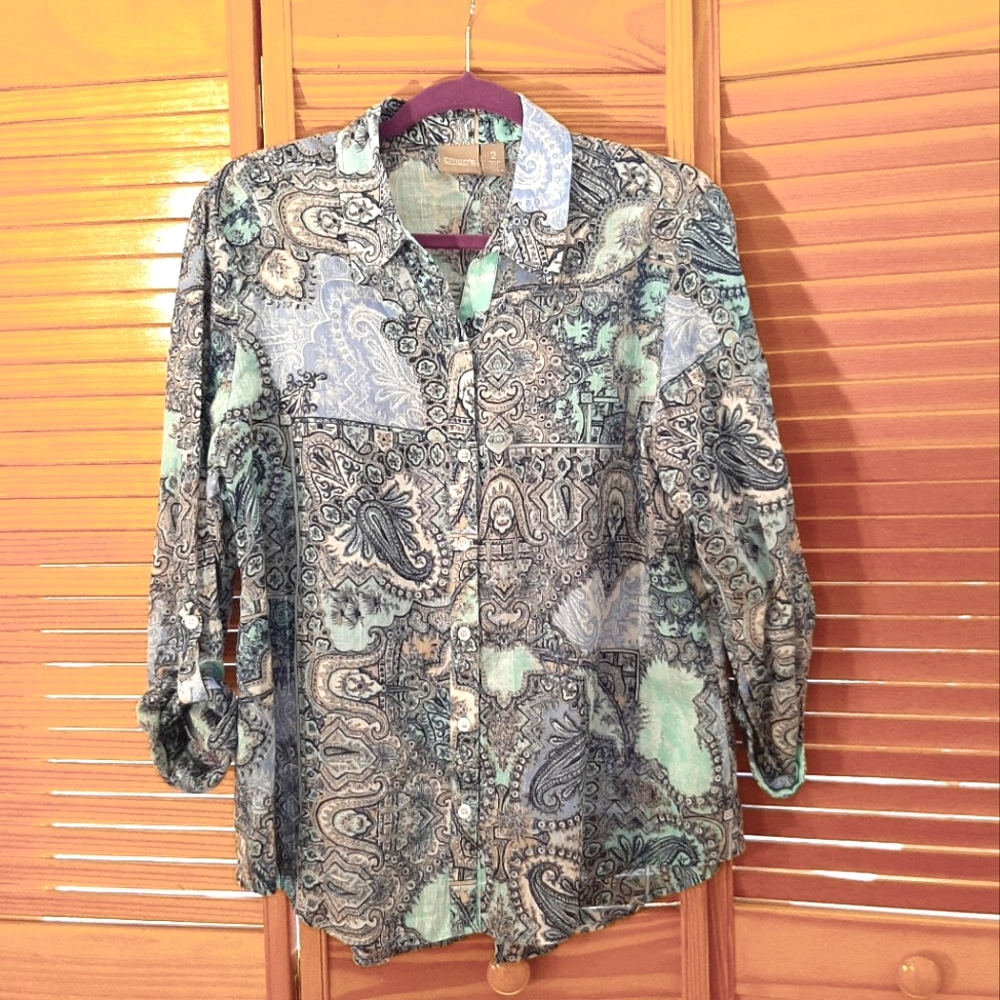 Chico's Paisley Roll Tab Sleeve Button Blouse Size 2 12-14 Blue Cotton